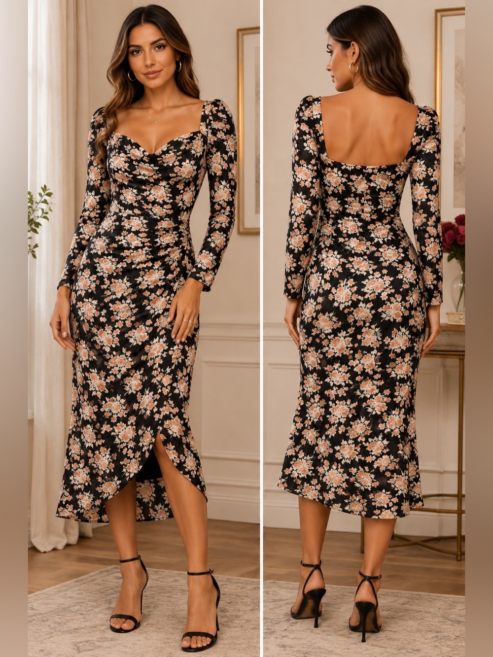 Lush Black Floral Sweetheart Drape Neck Long Sleeve Ruched Midi Dress L NWOT